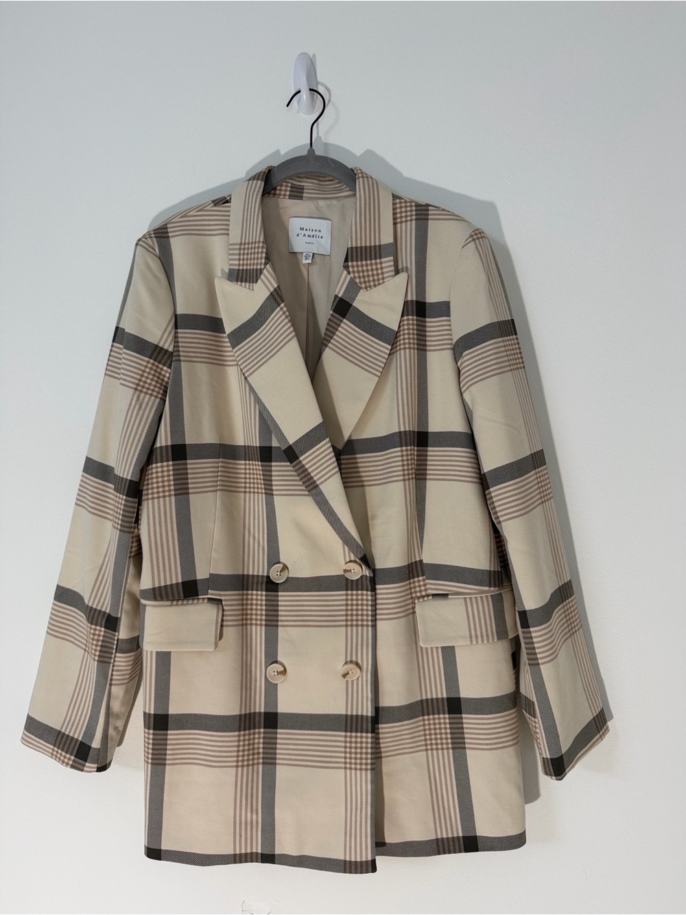 Maison d’ Améile Cream & Brown Plaid Double-Breasted Blazer